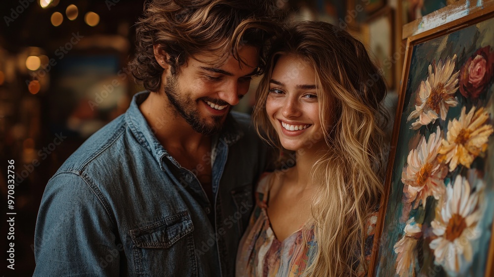 A candid shot of a couple smiling and looking at each other's paintings, their eyes filled with admiration and encouragement A candid shot of a couple smiling and looking at each other's paintings, their eyes filled with admiration and encouragement
