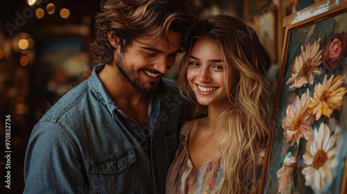 A candid shot of a couple smiling and looking at each other's paintings, their eyes filled with admiration and encouragement photo