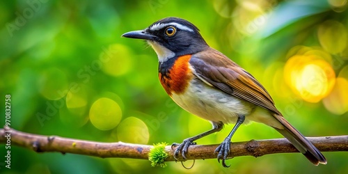 Close-up of a camp robber bird perched on a tree branch with a green background