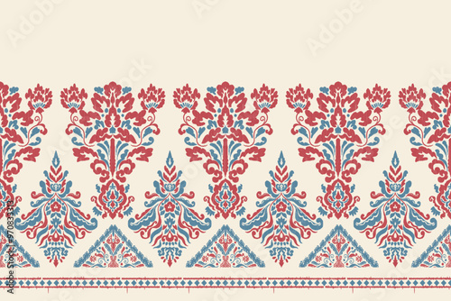 Motifs African paisley boho Floral Ikat seamless pattern embroidery border. Ethnic ikat saree sarong  flower design for Ikat pattern and Ethnic Pattern.Border indian floral Aztec embroidery patterns.