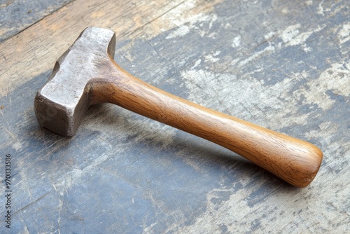 A vintage metal and wooden hammer resting on a textured wood surface.