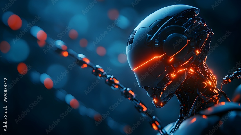 A humanoid robot in distress, its metallic limbs restricted by glowing chains of social contracts, observed by a council of AI ethics experts seated in judgment A humanoid robot in distress, its metallic limbs restricted by glowing chains of social contracts, observed by a council of AI ethics experts seated in judgment
