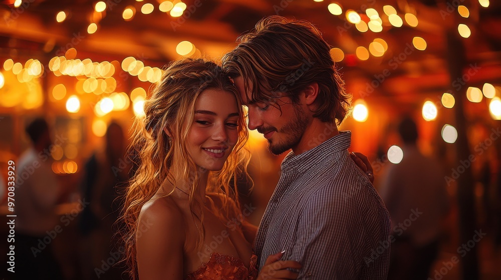 A couple sharing a tender moment at a lively barn dance A couple sharing a tender moment at a lively barn dance