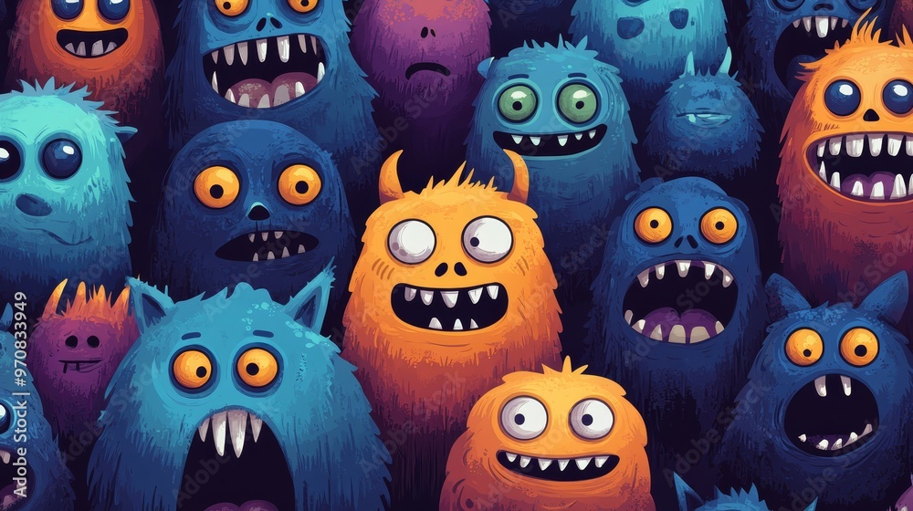 Cute Monsters Crowd Funny Cartoon Illustration Cute Monsters Crowd Funny Cartoon Illustration