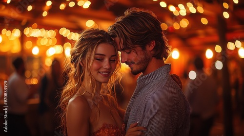 A couple sharing a tender moment at a lively barn dance