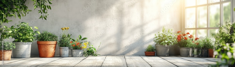 Sunny Window with Planters on Wooden Floor Sunny Window with Planters on Wooden Floor