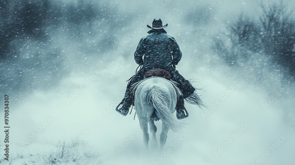 © gankevstock - Lone cowboy riding through a snowstorm on horseback © gankevstock - Lone cowboy riding through a snowstorm on horseback