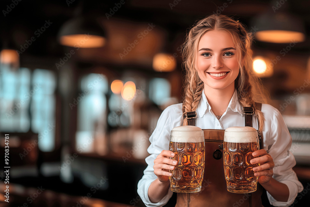 Young woman serving beer in a cozy bar during a Oktoberfest evening gathering, Oktoberfest waitress with copy space for text Young woman serving beer in a cozy bar during a Oktoberfest evening gathering, Oktoberfest waitress with copy space for text