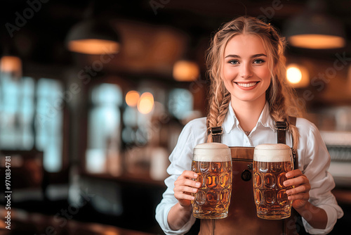 Young woman serving beer in a cozy bar during a Oktoberfest evening gathering, Oktoberfest waitress with copy space for text