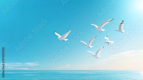 Seagulls Flying Over Blue Ocean With Clear Sky