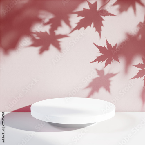 White empty round podium with soft maple leaf shadows on a warm red background. Product display background with copy space