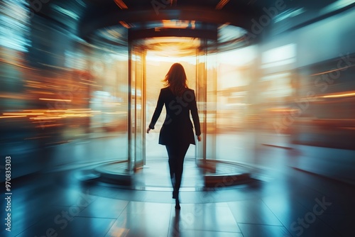 Businesswoman walking through revolving door in modern office building