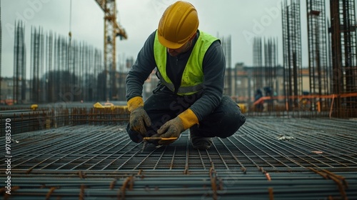 The Construction Worker Measuring Rebar