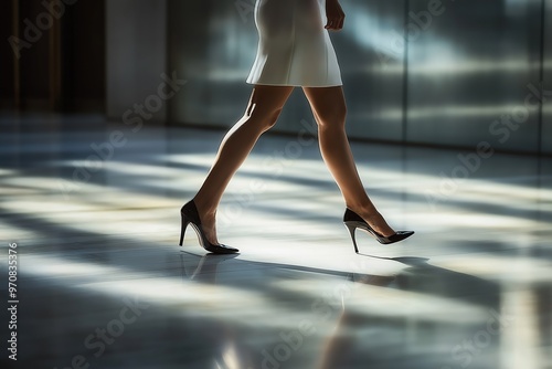 Businesswoman walking in high heels in corporate lobby