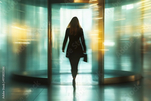 Businesswoman walking through revolving door in office building