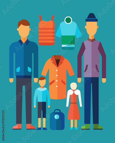A spare set of basic clothing items for each family member in case of emergency displacement.. Vector illustration