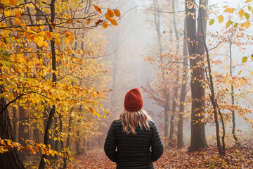 Woman with jacket and knitted hat enjoying walk in autumn forest in fog. Digital detox and harmony with fall nature