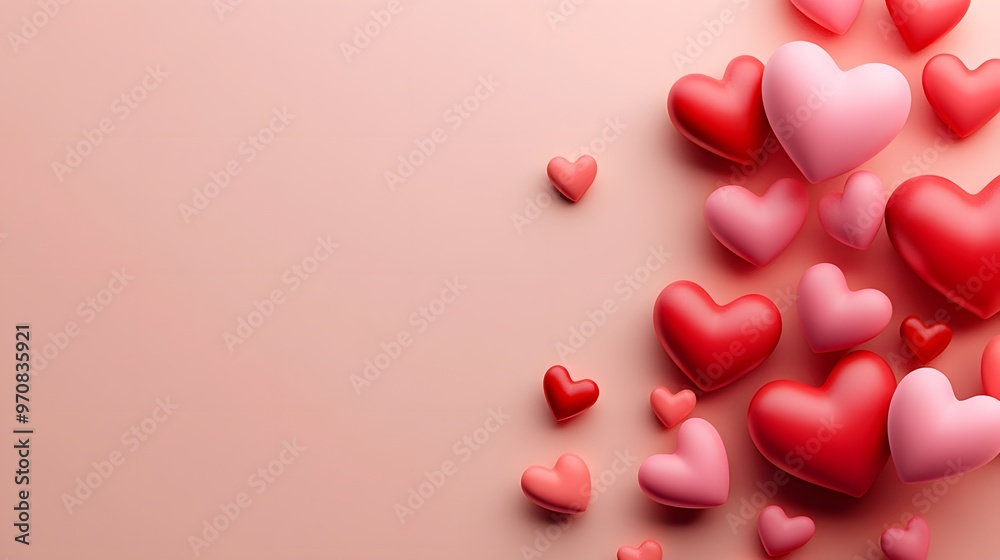 Valentine's Day background on a peach-colored surface with copy space. Cute red and pink hearts are flying in motion, with a soft tone and a cute style for a love concept Valentine's Day background on a peach-colored surface with copy space. Cute red and pink hearts are flying in motion, with a soft tone and a cute style for a love concept