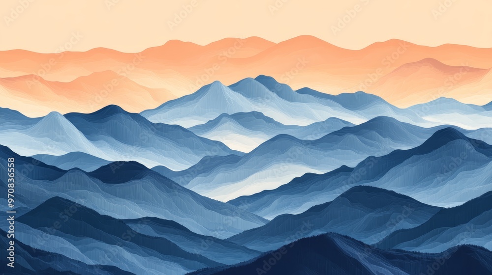 Abstract Blue Mountain Range with Orange Sky Background Abstract Blue Mountain Range with Orange Sky Background