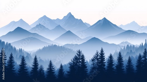 Blue Mountain Landscape with Forest Silhouette