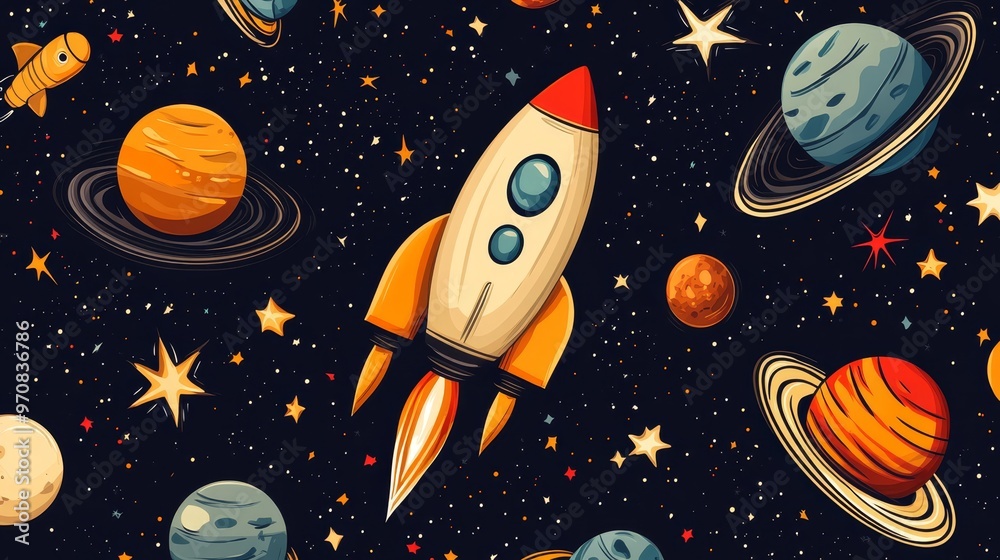Cartoon Rocket Space Planets Stars Seamless Pattern Background Cartoon Rocket Space Planets Stars Seamless Pattern Background