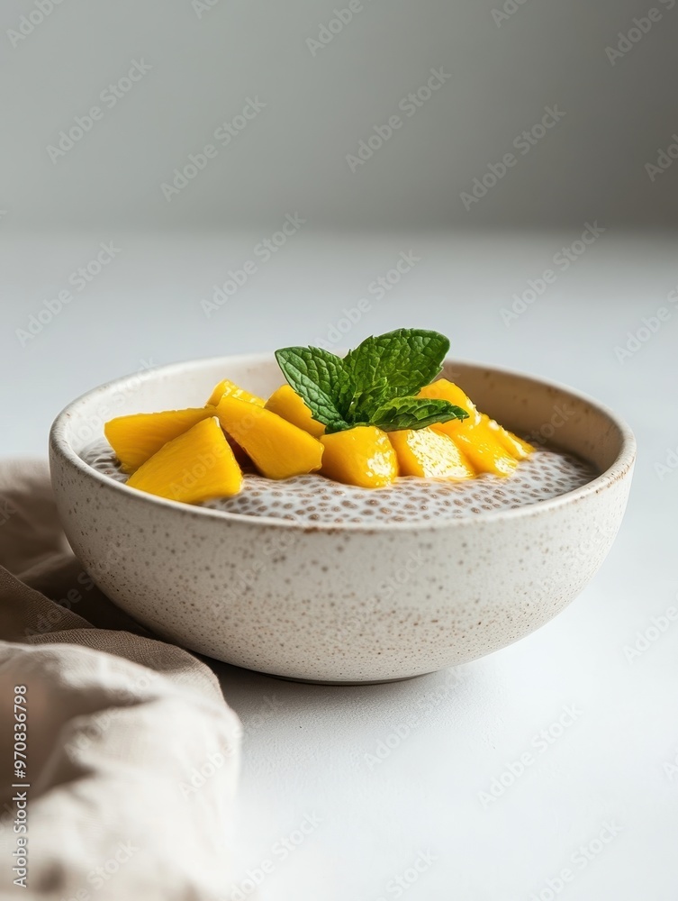 A bowl of chia seed pudding topped with fresh mango and mint leaves. A bowl of chia seed pudding topped with fresh mango and mint leaves.