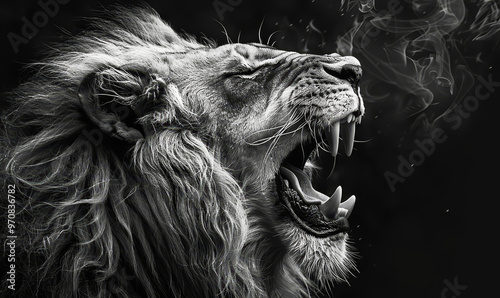 Majestic Roar of a Lion in Black and White: Powerful Wildlife Photography Capturing Ferocity and Grace
