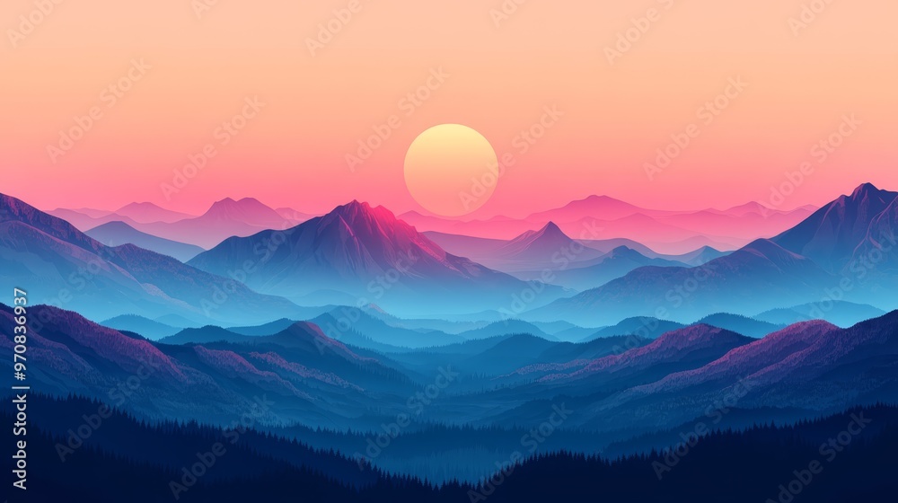 Mountain Range Sunset Landscape with Pink Sky and Sun