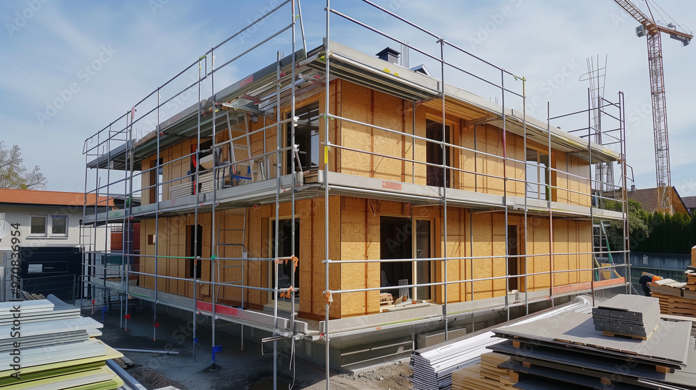 Modern wooden residential building with large windows under construction Modern wooden residential building with large windows under construction