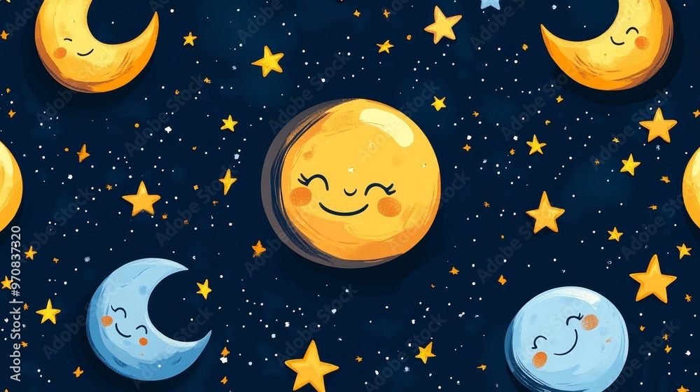 Cute Cartoon Moon and Stars Night Sky Seamless Pattern
