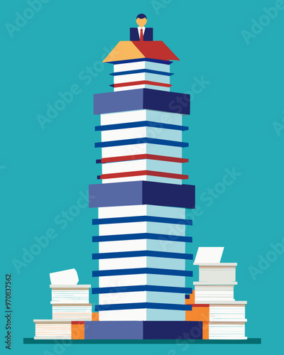 A stack of job applications as tall as a skyscraper representing the endless number of qualified individuals searching for employment.. Vector illustration