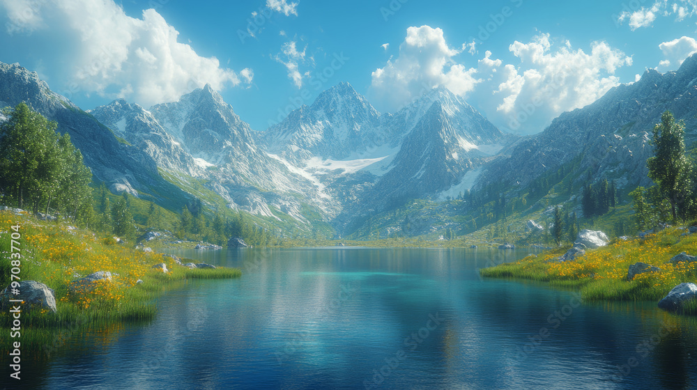 A serene lake surrounded by majestic mountains with snow capped peaks reflects vibrant colors of nature. lush greenery and blooming flowers create picturesque landscape A serene lake surrounded by majestic mountains with snow capped peaks reflects vibrant colors of nature. lush greenery and blooming flowers create picturesque landscape