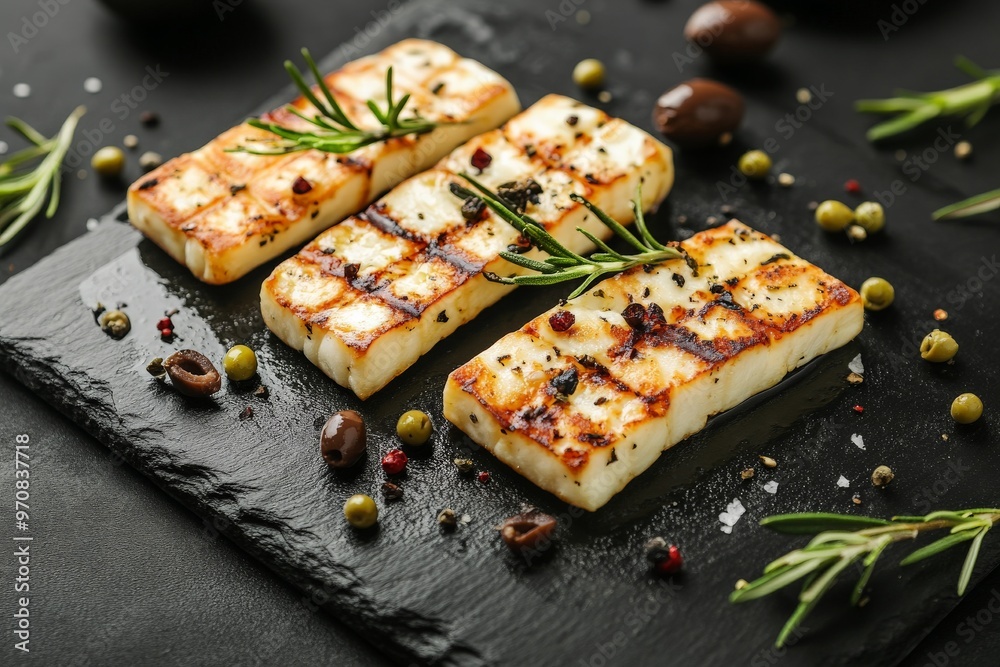Grilled halloumi cheese with fresh rosemary and olives on slate Grilled halloumi cheese with fresh rosemary and olives on slate