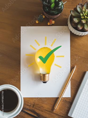 Yellow light bulb with green check mark on white background, symbolizing creativity, innovation, and technology verification photo