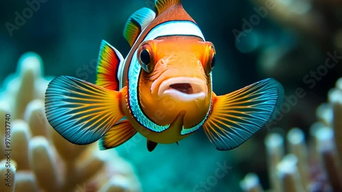 Close-Up Macro Shot of a Colorful Clownfish for Marine videography, Ocean Aquatic Life Underwater Exploration, Background Wallpaper photo