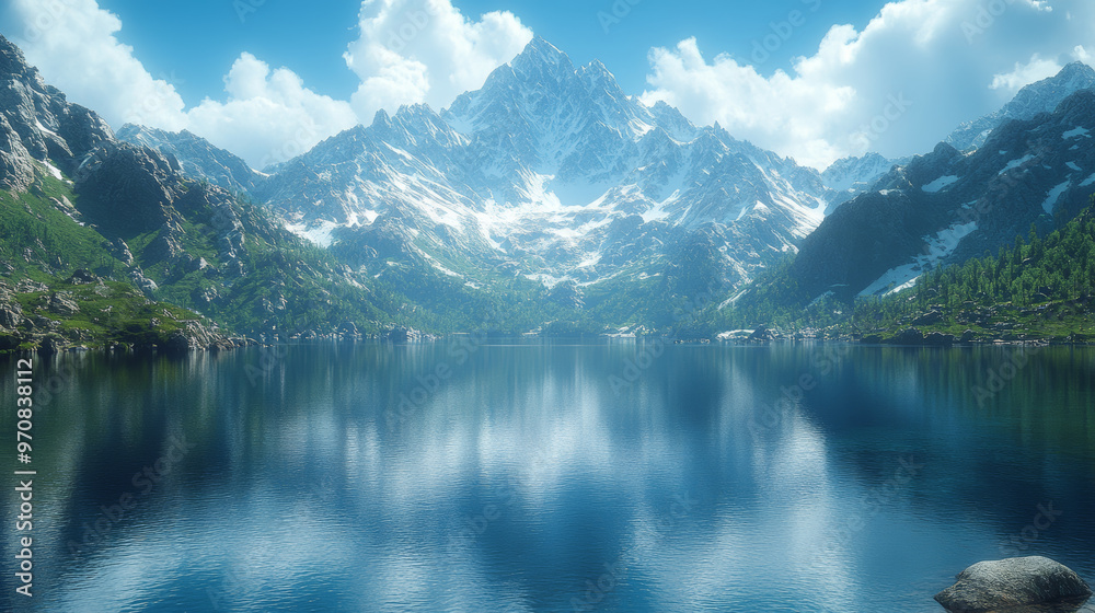 Fototapeta premium A serene lake surrounded by majestic mountains with snow capped peaks reflects vibrant blue sky and fluffy clouds, creating tranquil and picturesque landscape