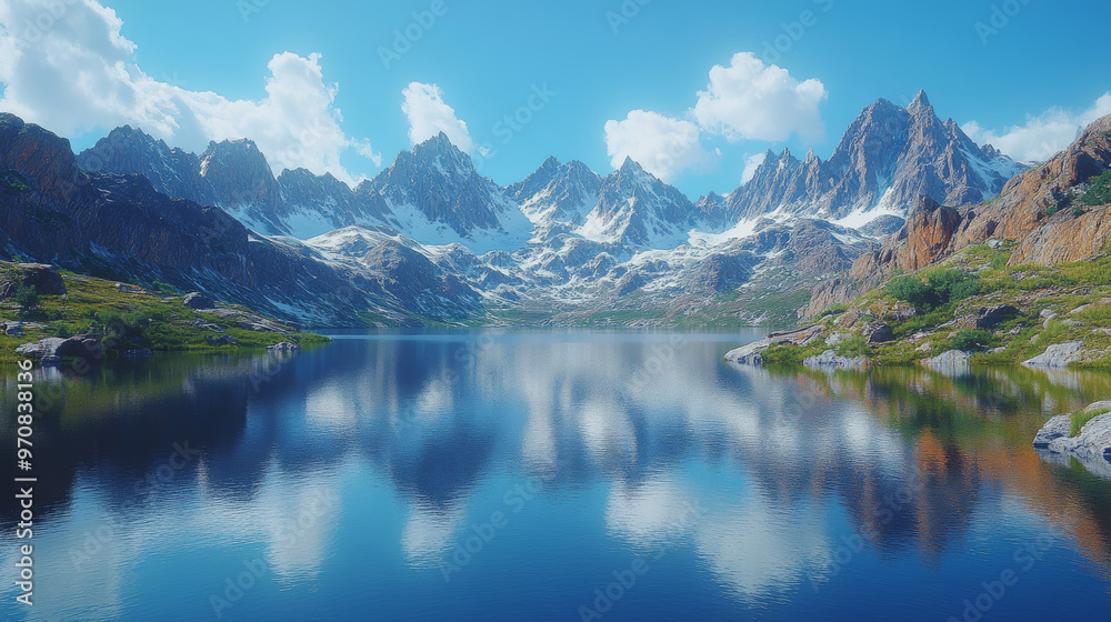 Fototapeta premium A serene lake surrounded by majestic mountains with snow capped peaks reflects stunning landscape under clear blue sky. tranquil scene evokes sense of peace and natural beauty