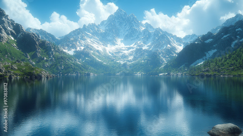 A serene lake surrounded by majestic mountains with snow capped peaks reflects vibrant blue sky and fluffy clouds, creating tranquil and picturesque landscape