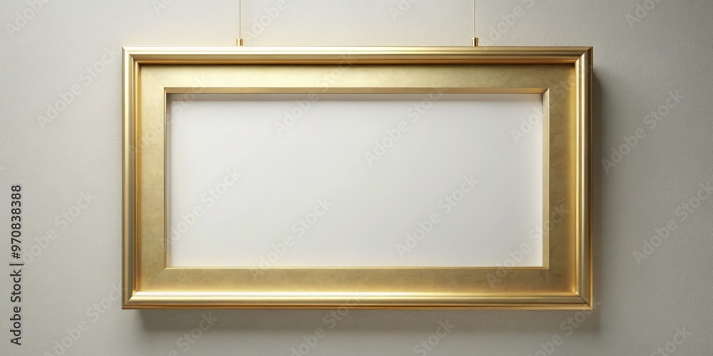 Elegant gold floating frame with raised profile holds a blank canvas aloft, suspended in mid-air, a luxurious display Elegant gold floating frame with raised profile holds a blank canvas aloft, suspended in mid-air, a luxurious display