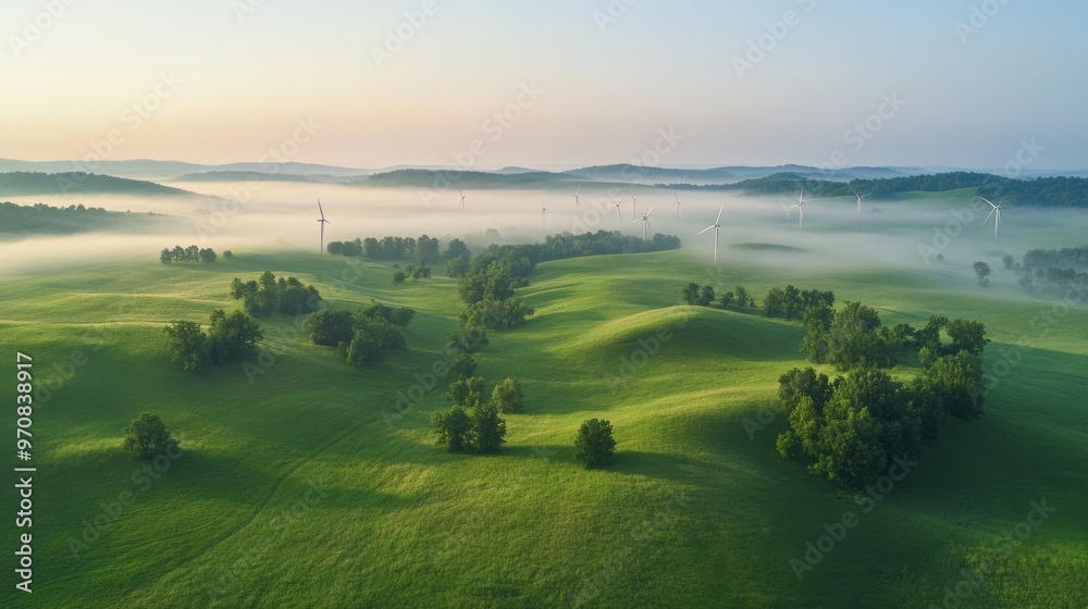 Obraz premium Dawn breaks over a vast green landscape with wind turbines aligned in harmony, their silhouettes softly blending with watercolor washes of golden light