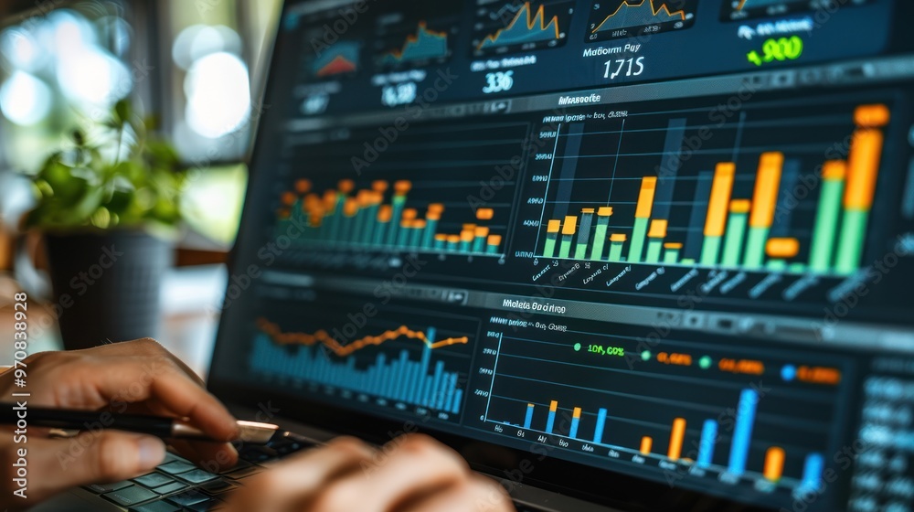Analyzing marketing performance metrics on a laptop in a bright office setting Analyzing marketing performance metrics on a laptop in a bright office setting