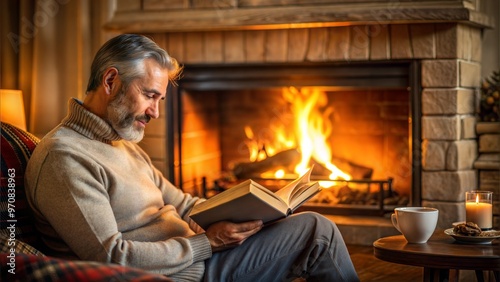 Man reading a book by the cozy fireplace with warm ambiance and peaceful expression