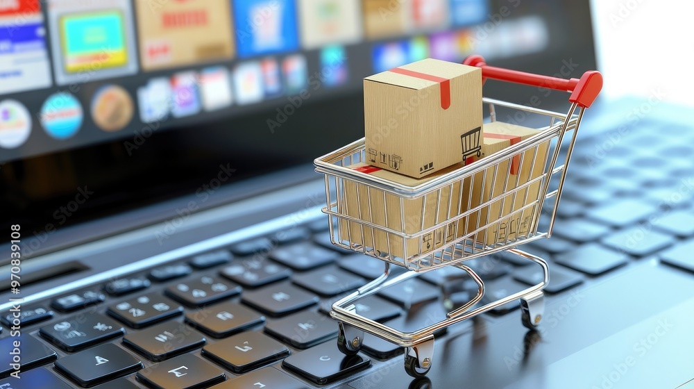 A small shopping cart filled with cardboard boxes sits on a laptop keyboard, representing online shopping. A small shopping cart filled with cardboard boxes sits on a laptop keyboard, representing online shopping.