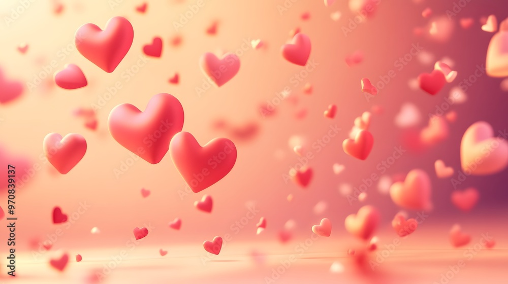 Valentine's Day background on a peach-colored surface with copy space. Cute red and pink hearts are flying in motion, with a soft tone and a cute style for a love concept