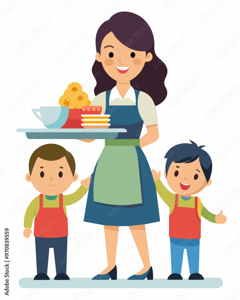 A single mother takes on a parttime job waitressing on weekends to cover childcare expenses for her two children.. Vector illustration A single mother takes on a parttime job waitressing on weekends to cover childcare expenses for her two children.. Vector illustration