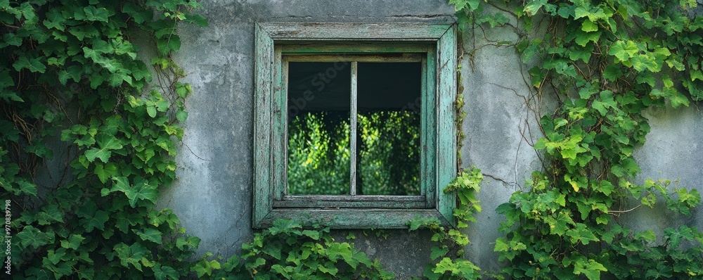 Old window surrounded by ivy on a