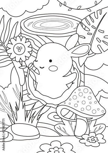 Coloring page outline of a cute bunny pop up from the tree hole