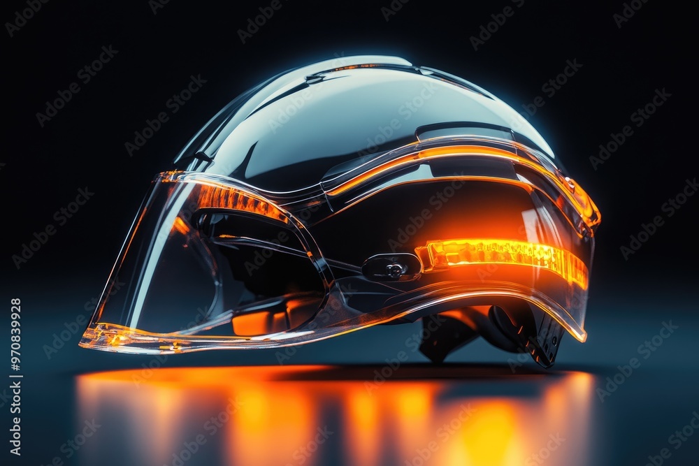 Fototapeta premium Futuristic Helmet with Illuminated Visor and Orange Glow