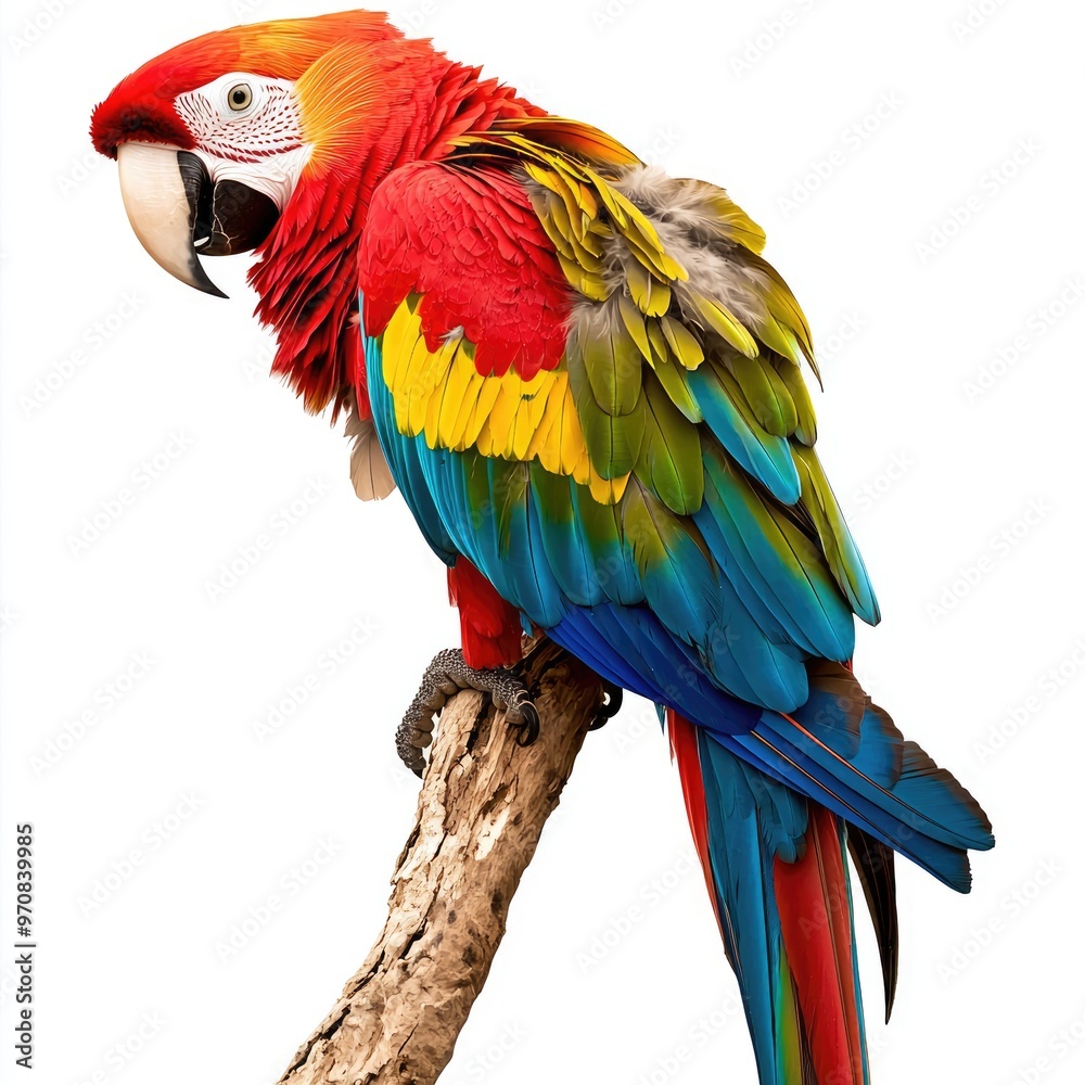 Obraz premium Scarlet macaw perched on branch displaying vibrant plumage