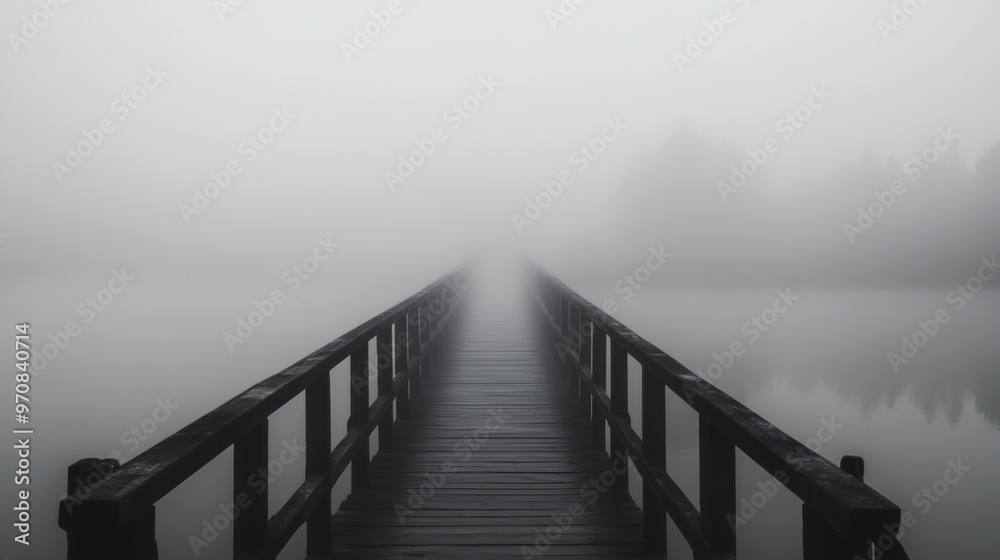 Obraz premium A serene wooden pier extends into thick fog, creating mysterious atmosphere over calm water. scene evokes sense of tranquility and contemplation